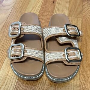 Tan Woven Double-Buckle Slide Sandals